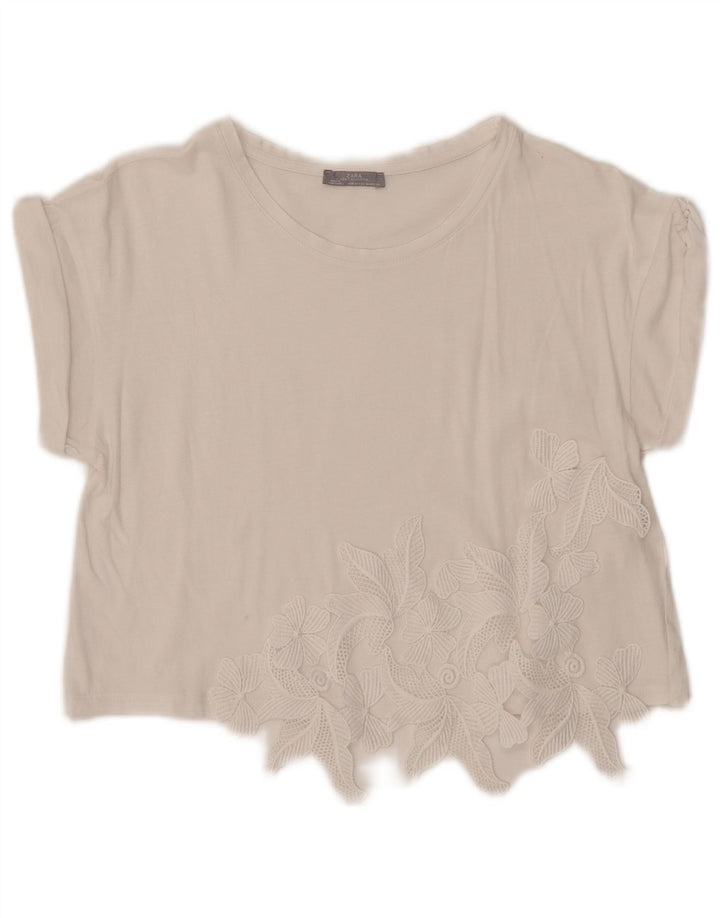 Zara Womens Crop Blouse Top UK 12 Moyen Blanc Floral