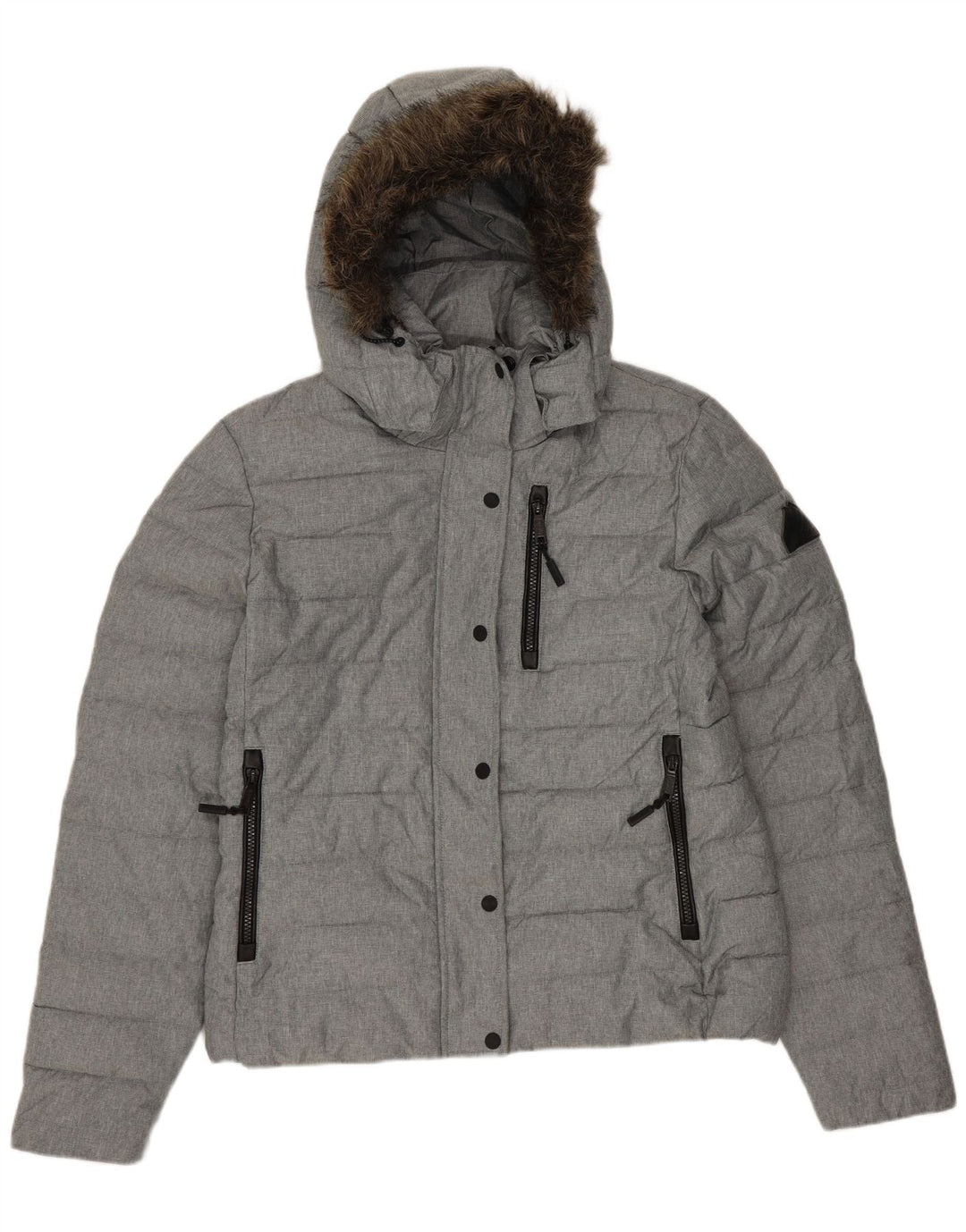 SUPERDRY Veste matelassée à capuche pour femme UK 14 Large Gris Polyester