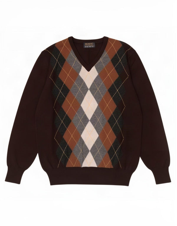 vintage Homme Col V Pull Pull IT 48 Marron Moyen Argyle/Diamant