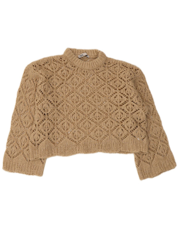 Zara Pull court surdimensionné à col rond pour femme UK 10 Petit Beige