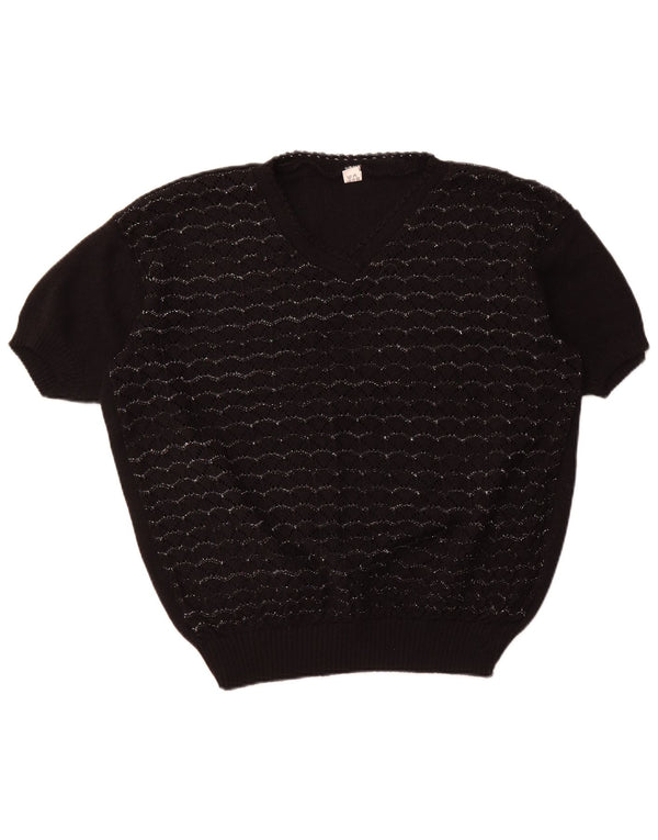 VINTAGE Femme Manches Courtes Col V Pull Pull UK 18 XL Noir Rayé