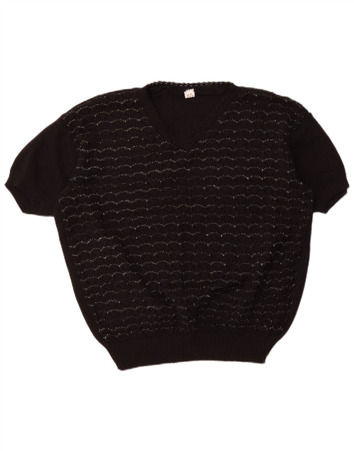 VINTAGE Femme Manches Courtes Col V Pull Pull UK 18 XL Noir Rayé