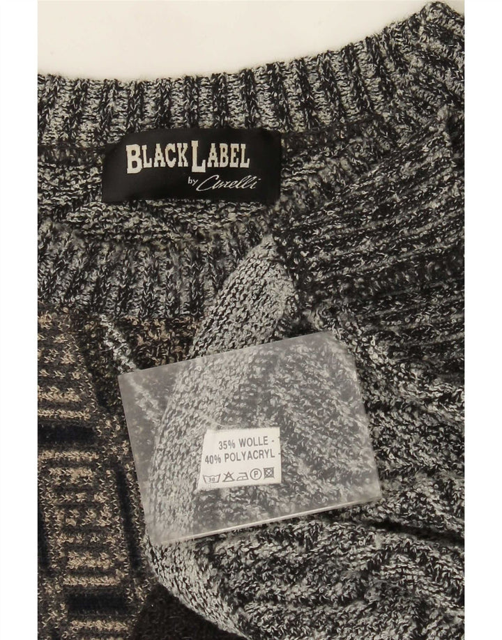 vintage Mens Crew Neck Jumper Pull XL Gris Patchwork Alpaga Laine
