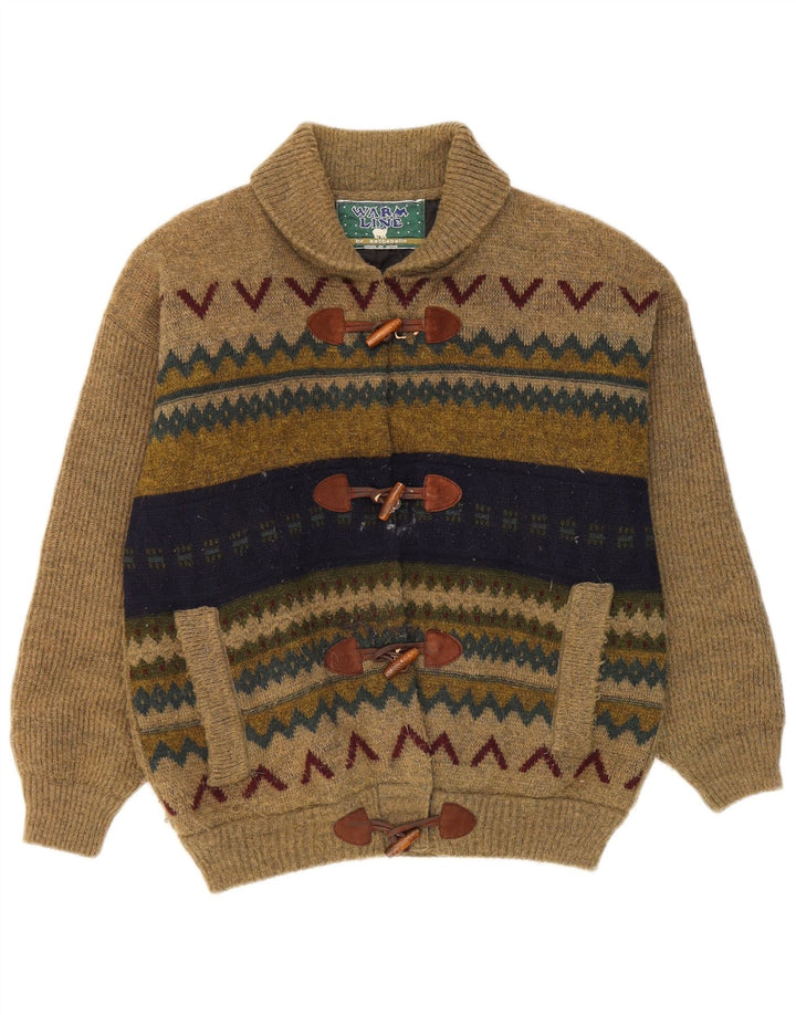 vintage Mens Cardigan Pull Moyen Kaki Laine Géométrique