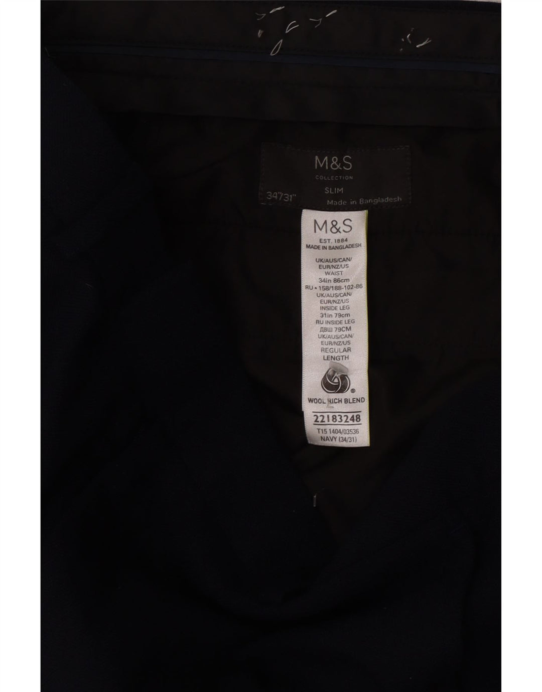 Marks & Spencer Pantalon de Costume Slim Homme W34 L31 Laine Bleu Marine
