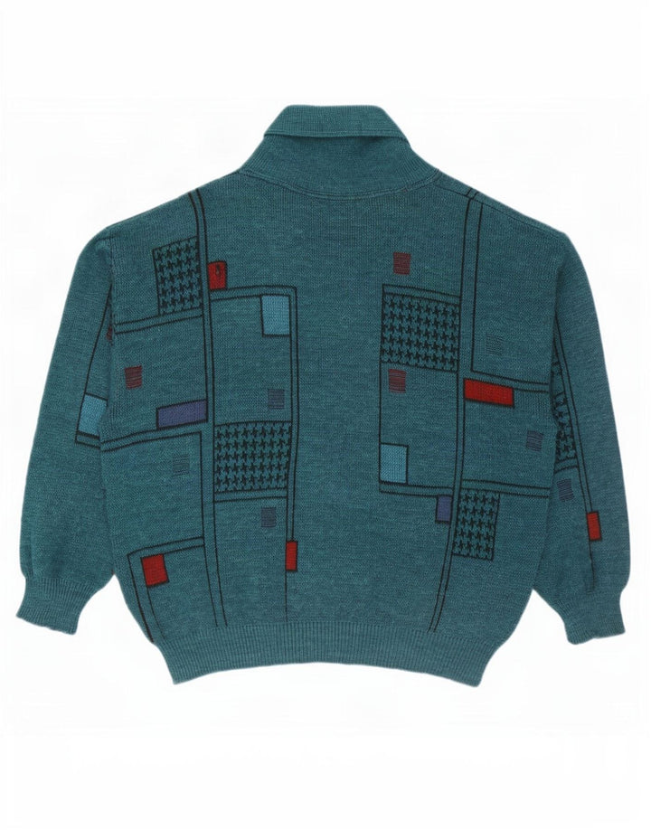 vintage Mens Cardigan Pull XL Vert Géométrique Laine
