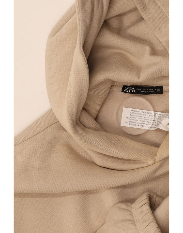 ZARA Pull à capuche court pour femme UK 14 Coton beige moyen