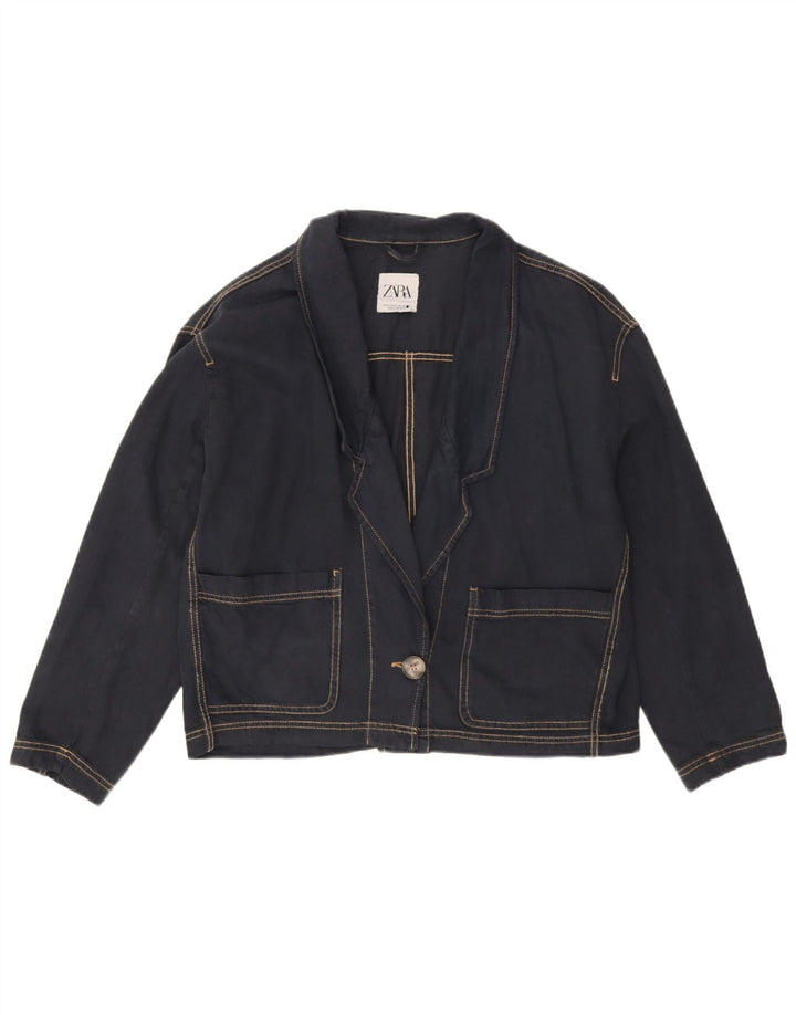 Zara Veste blazer surdimensionnée en denim à 1 bouton pour femme UK 14 Bleu marine moyen