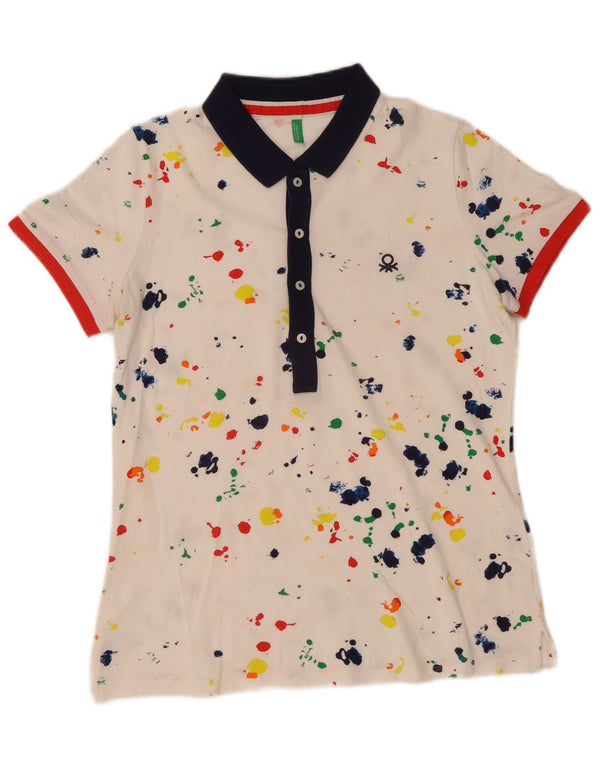 Benetton Polo Femme UK 14 Medium Blanc Tie Dye Coton