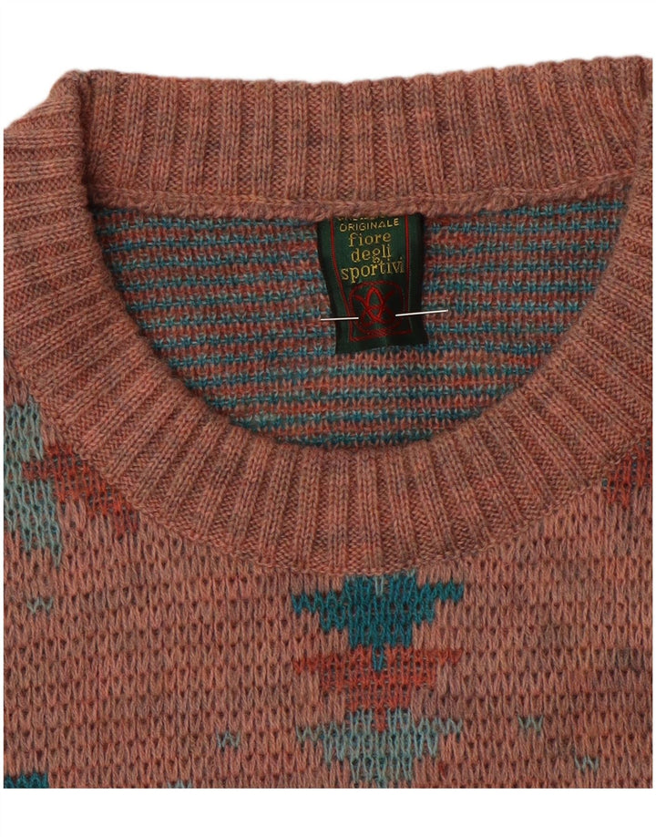 vintage Mens Crew Neck Jumper Pull Grand Rose Géométrique