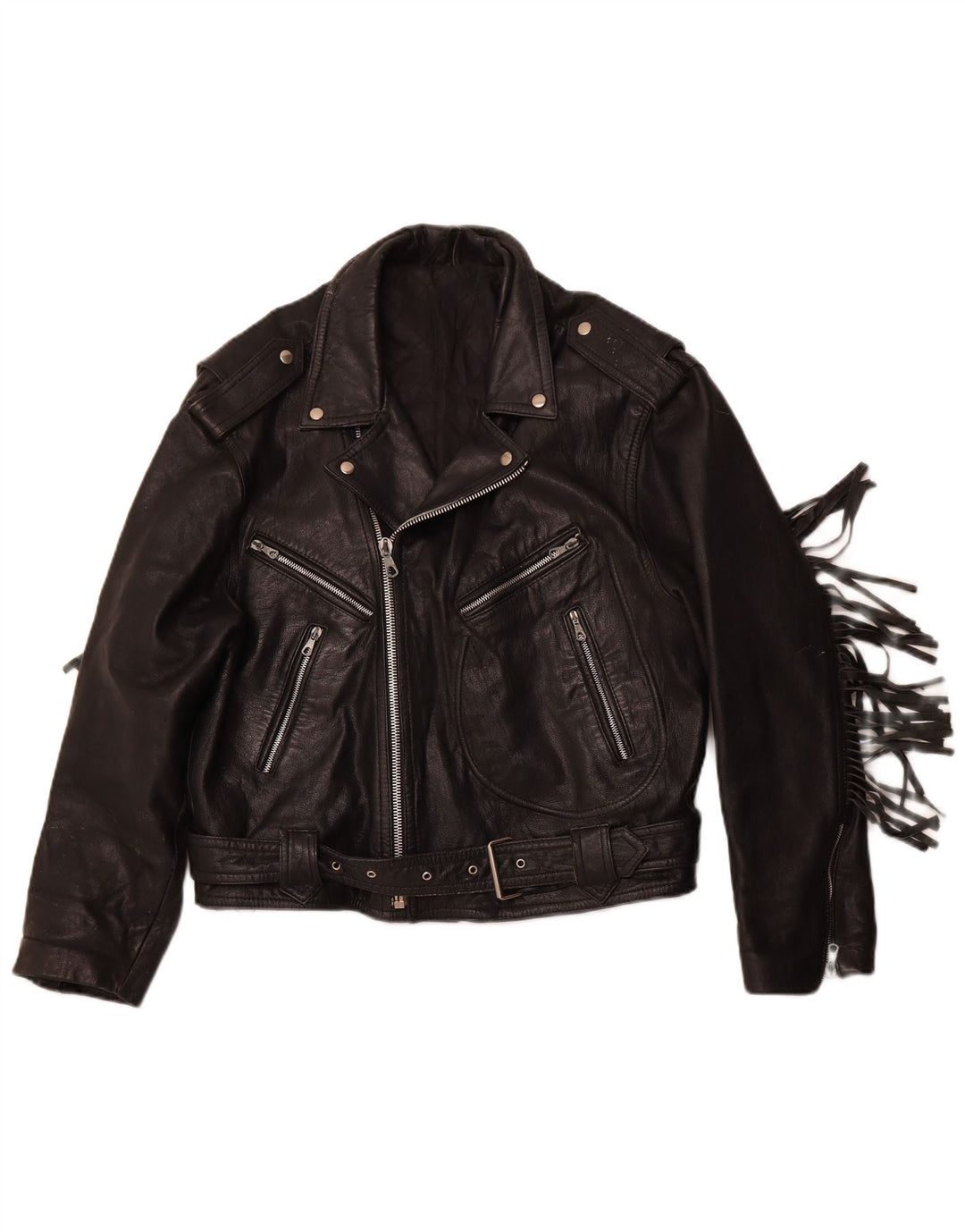 VINTAGE Veste motard en cuir femme UK 14 Cuir noir moyen