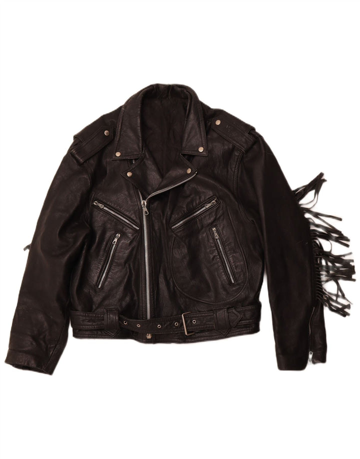 VINTAGE Veste motard en cuir femme UK 14 Cuir noir moyen