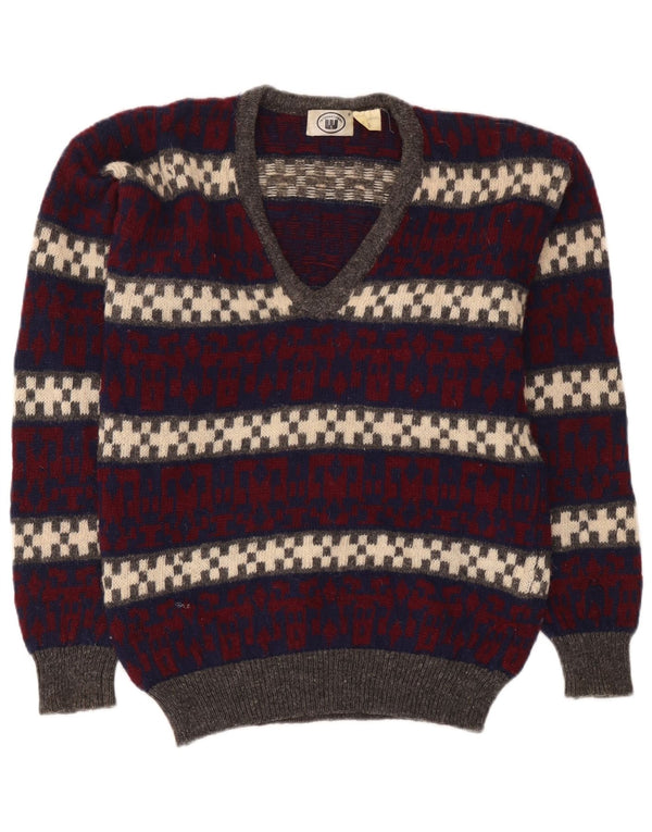 vintage Mens V-Col Jumper Pull Moyen Multicolore Géométrique Laine