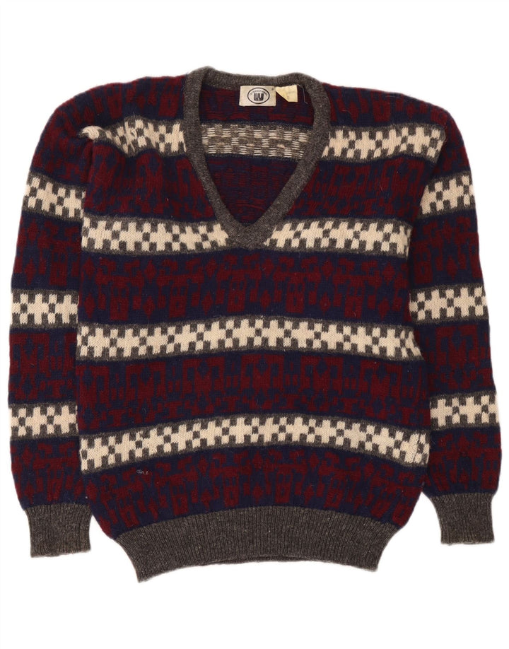 vintage Mens V-Col Jumper Pull Moyen Multicolore Géométrique Laine