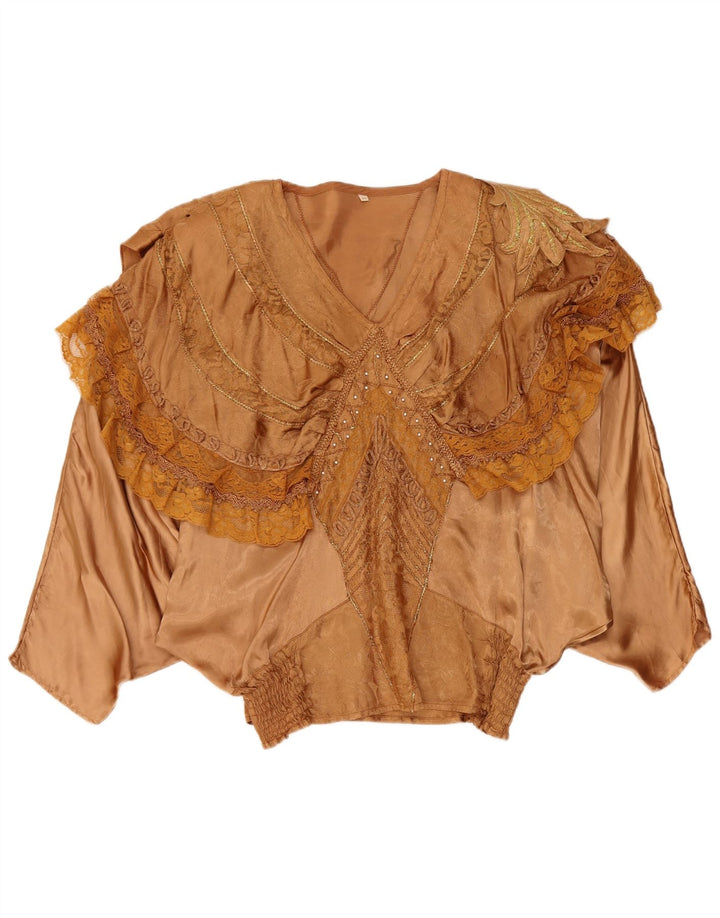 vintage Femmes Ruffle Front Batwing Blouse Top EU 40/42 Grande Viscose Brune