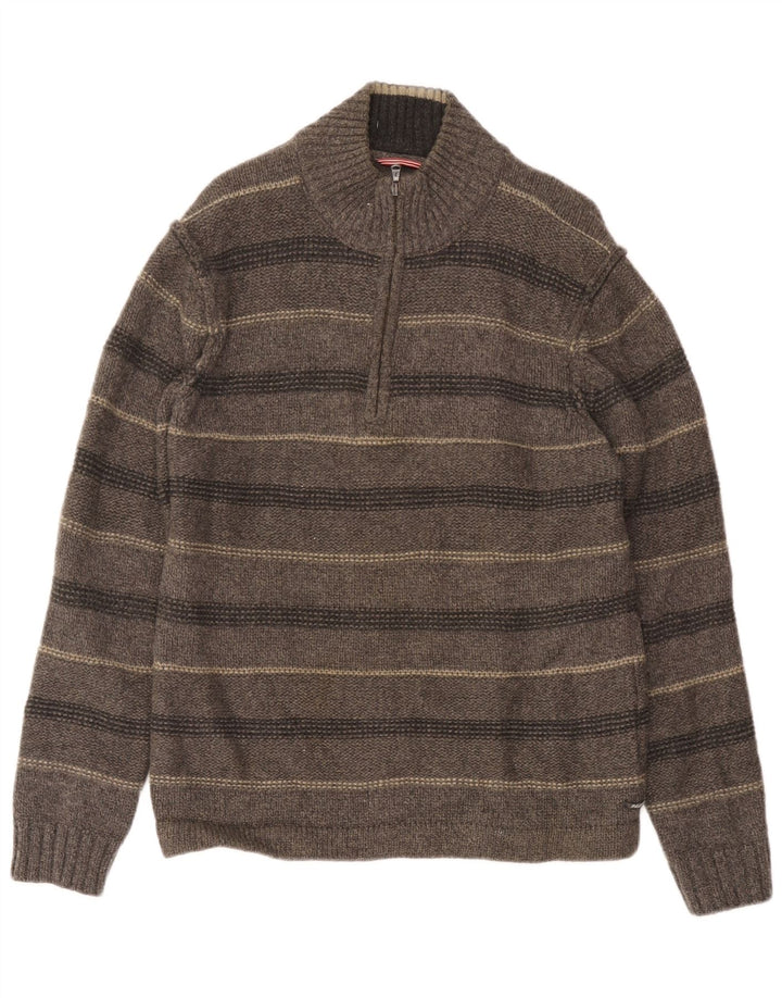 White Stuff Pull Col Zippé Homme Large Gris Rayé Laine d'Agneau