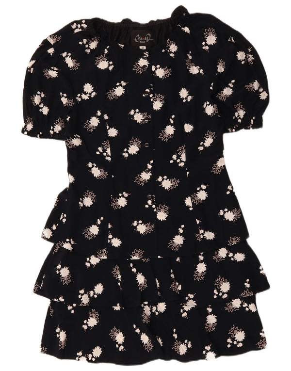 VINTAGE Robe Peplum Femme EU 38 Viscose Florale Bleu Marine Moyen