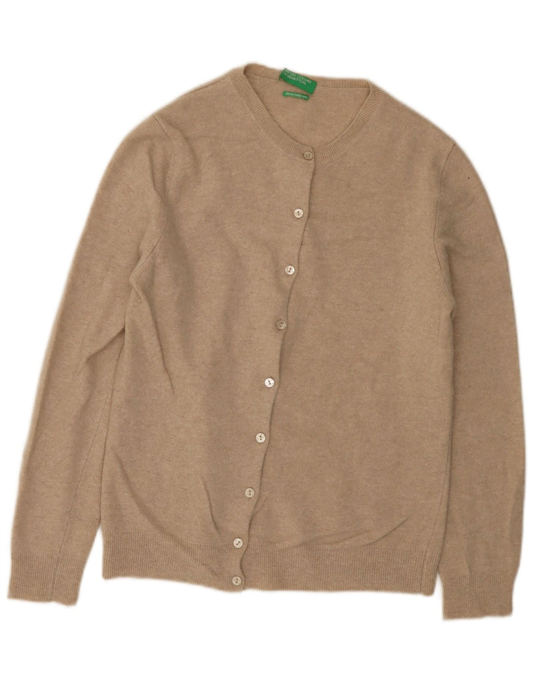 Benetton Pull Cardigan Femme UK 12 Laine Vierge Beige Moyen