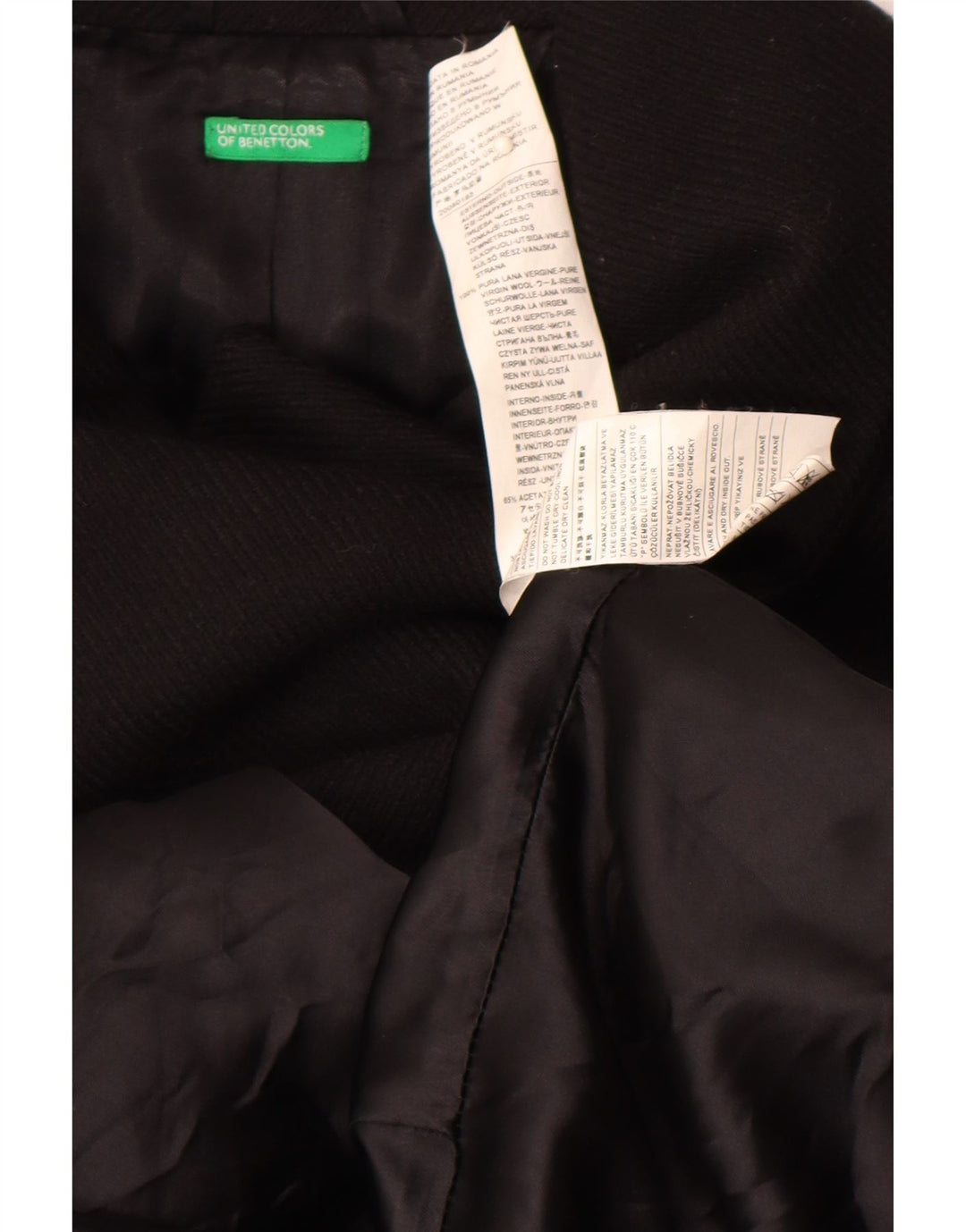 Benetton Manteau Croisé Femme IT 44 Laine Vierge Noir Moyen
