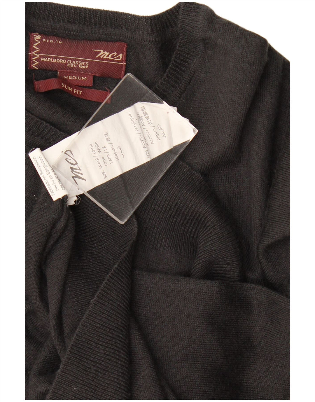 Marlboro Classics Pull coupe ajustée à col en V pour homme en laine noire moyenne