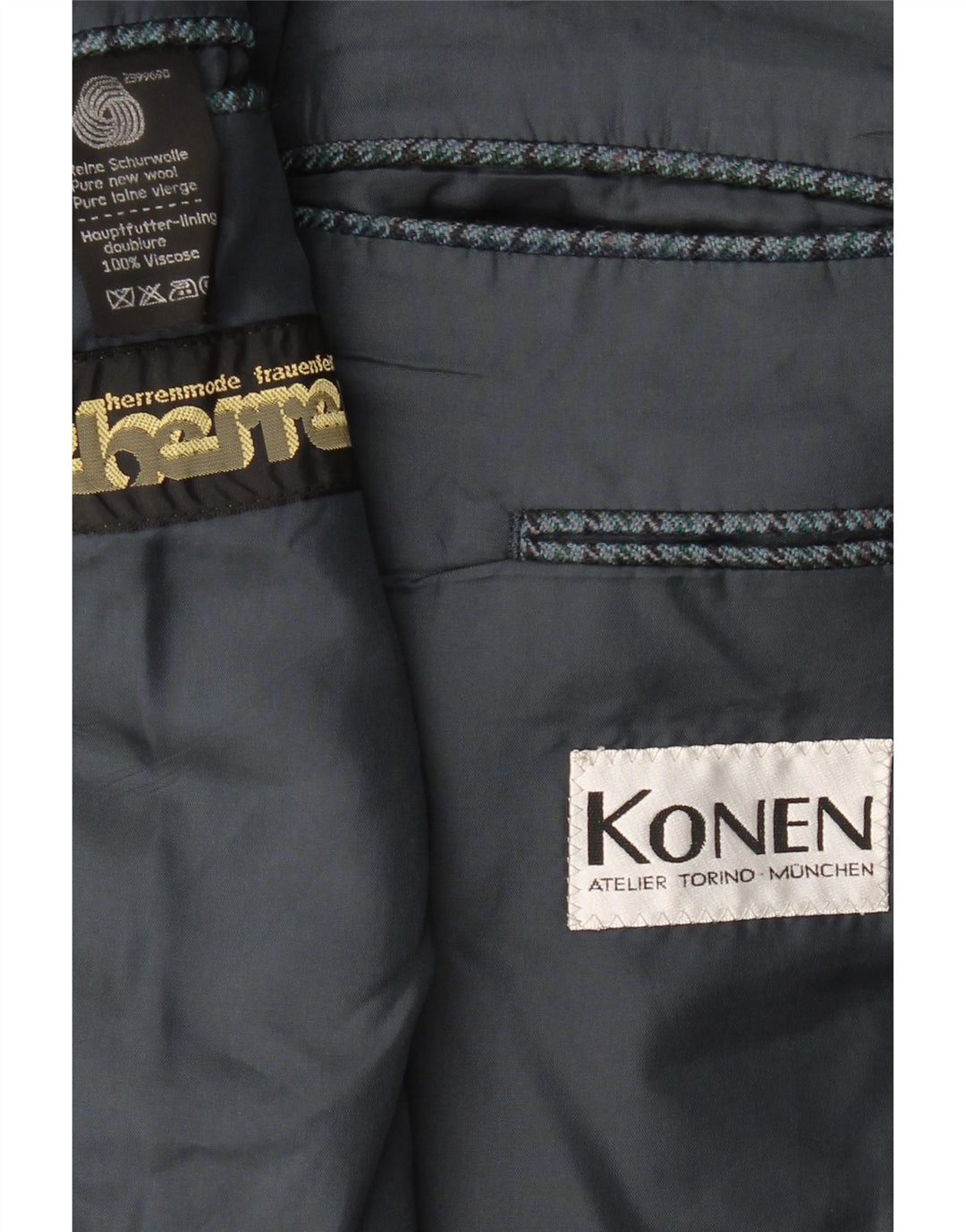 KONEN Mens 2 Button Blazer Jacket UK 40 Large Blue Houndstooth New Wool Vintage Konen and Second-Hand Konen from Messina Hembry 