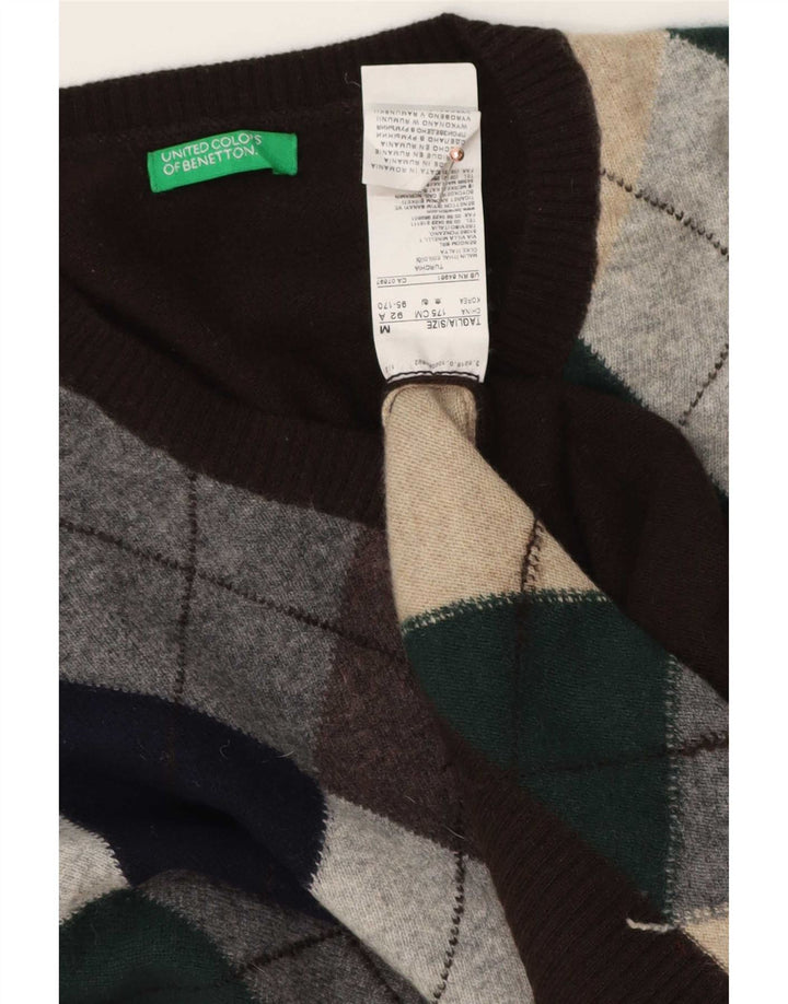 Benetton Pull col V Homme Marron Moyen Argyle/Diamant Laine