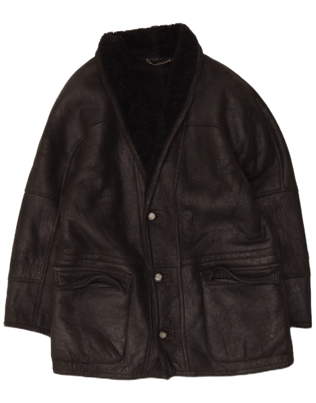Veste Shearling Homme Vintage IT 50 Grand Cuir Noir