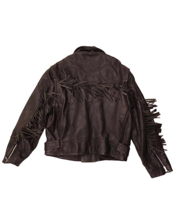 VINTAGE Veste motard en cuir femme UK 14 Cuir noir moyen