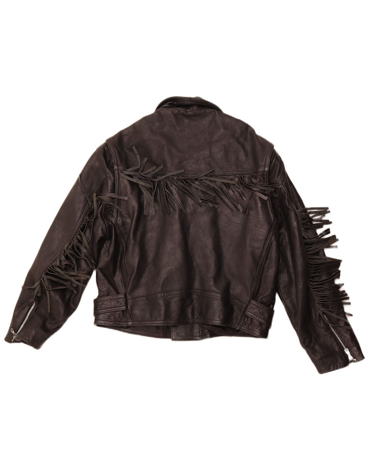 VINTAGE Veste motard en cuir femme UK 14 Cuir noir moyen