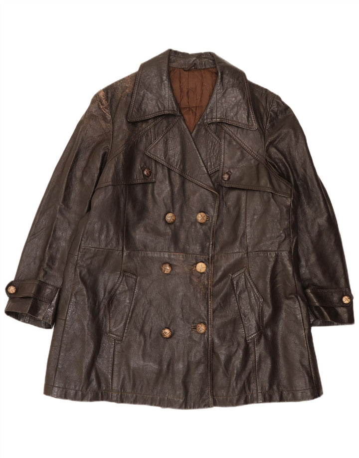 vintage Femmes Double Breasted Manteau en cuir UK 16 Grand Brun