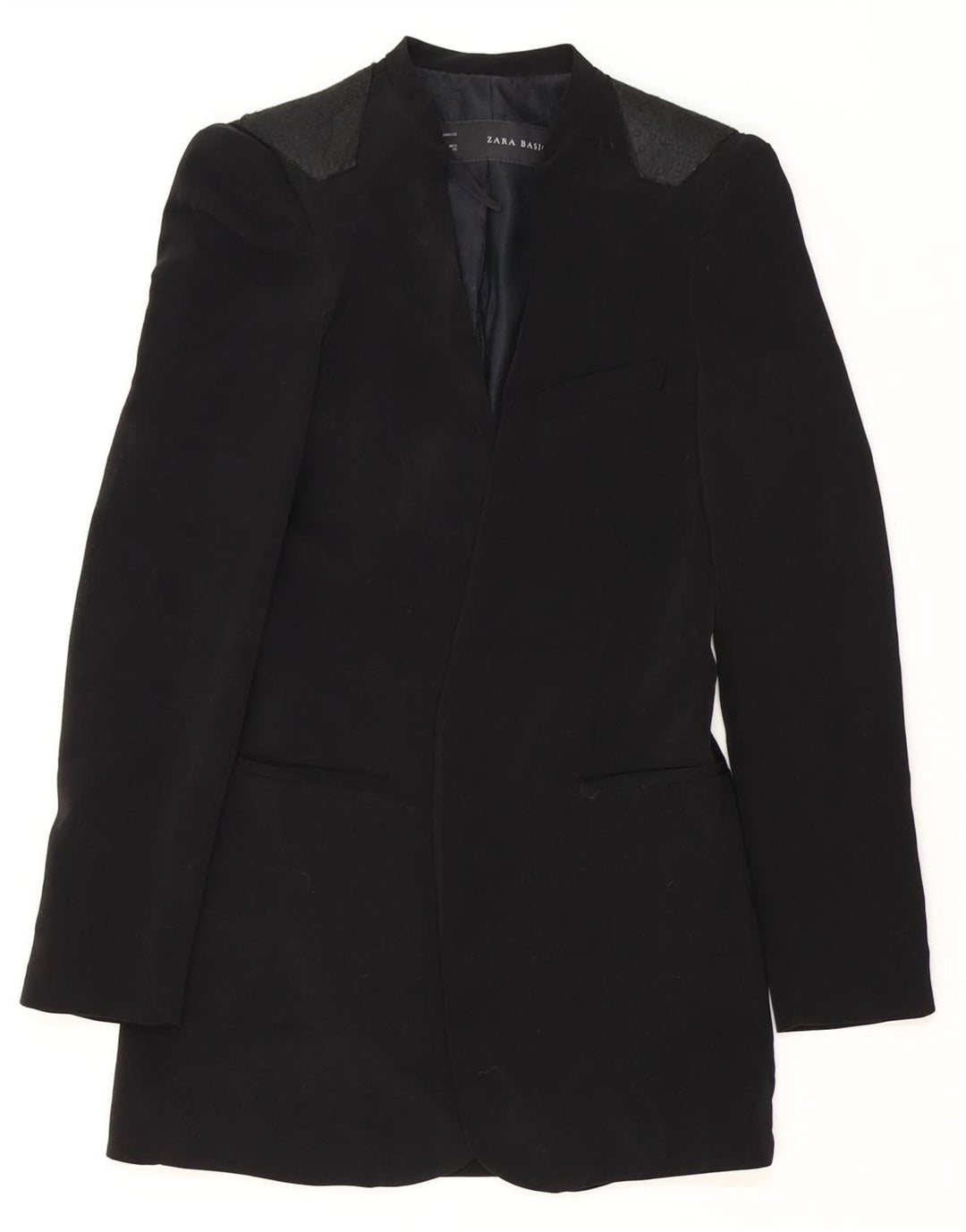 ZARA Femme Veste Blazer Ouverte Longue UK 10 Petit Acétate Noir