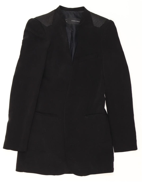 ZARA Femme Veste Blazer Ouverte Longue UK 10 Petit Acétate Noir