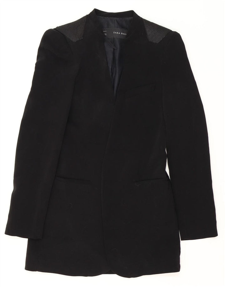 ZARA Femme Veste Blazer Ouverte Longue UK 10 Petit Acétate Noir