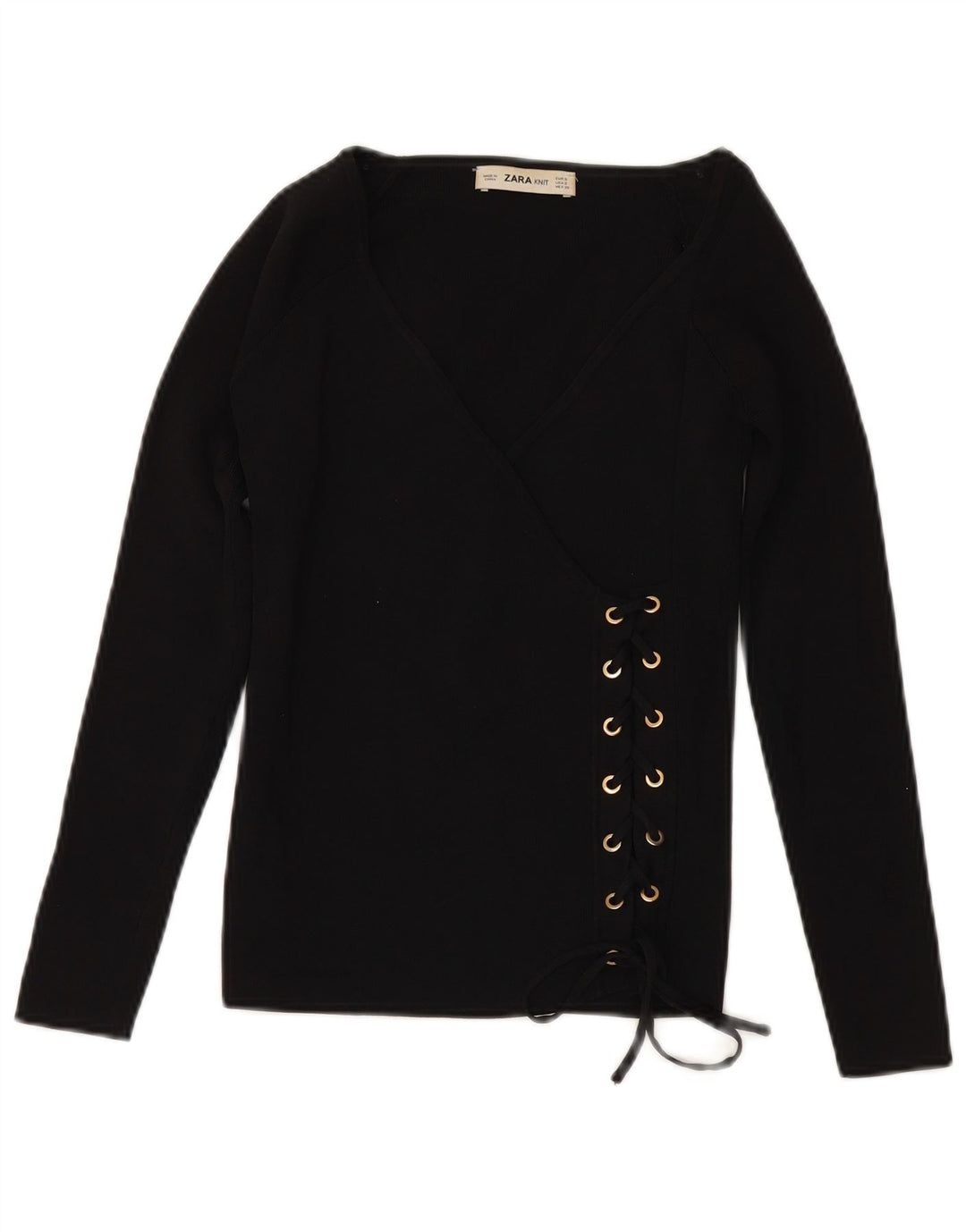 ZARA Pull à manches 3/4 et col en V pour femme UK 10 Small Noir Viscose