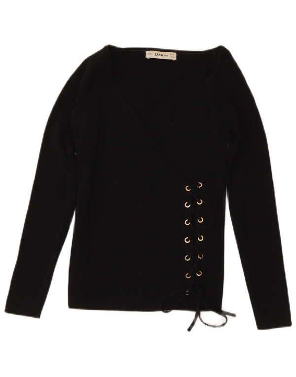 ZARA Pull à manches 3/4 et col en V pour femme UK 10 Small Noir Viscose