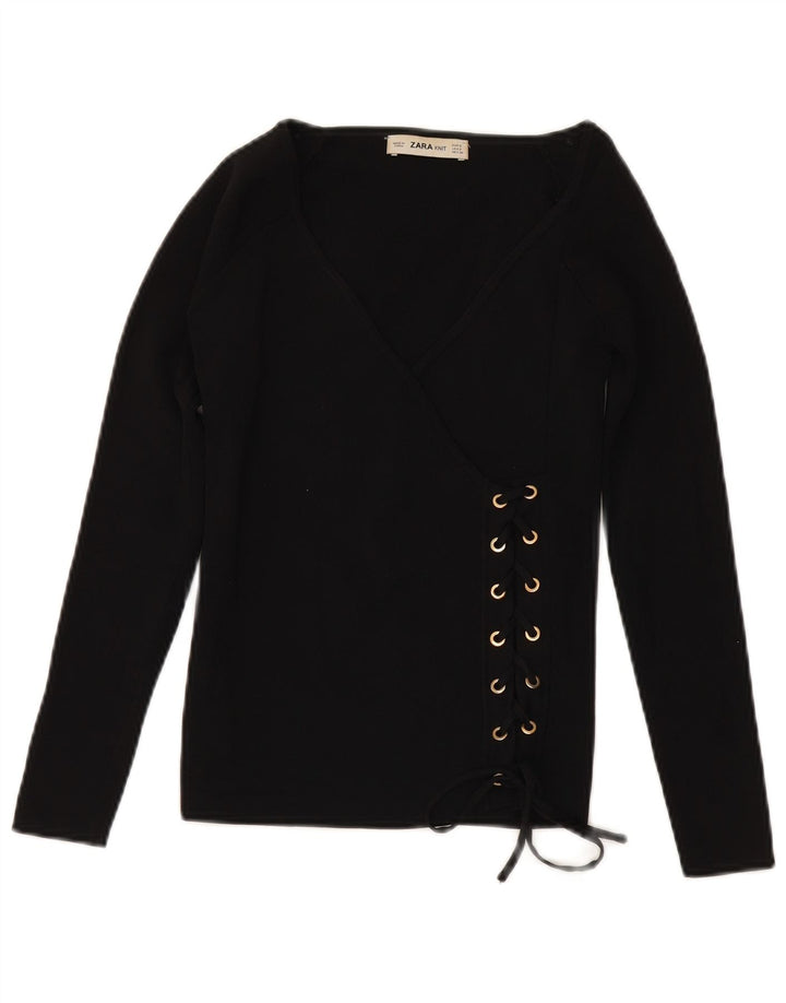 ZARA Pull à manches 3/4 et col en V pour femme UK 10 Small Noir Viscose