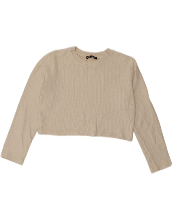 Zara Womens Crop Oversize Top Manches Longues UK 10 Petit Coton Beige