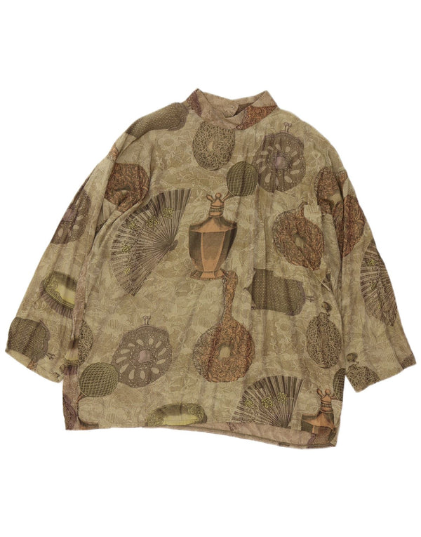 vintage Womens Abstract Pattern Blouse Top UK 10 Petit Vert Rétro