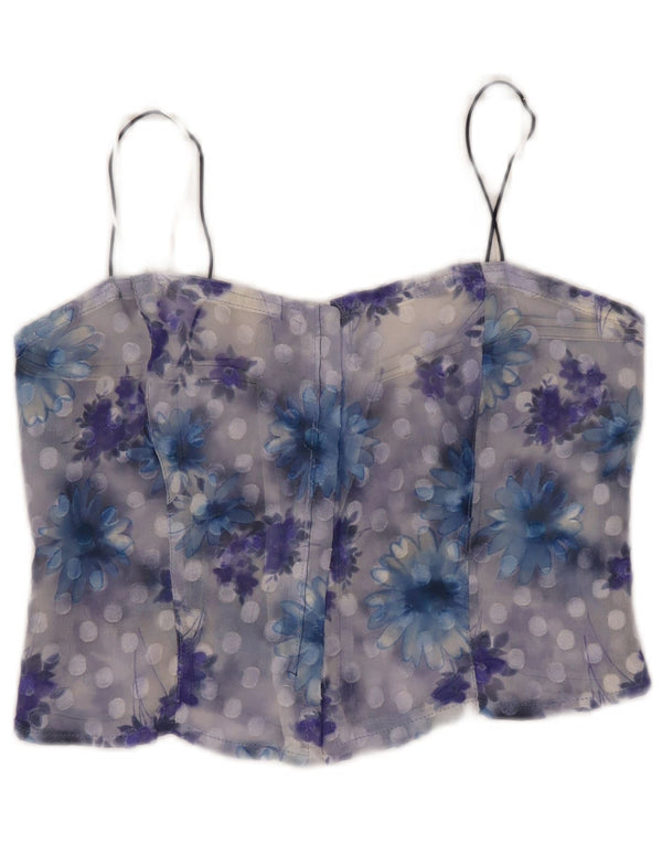 vintage Femmes Voir à travers Corset Top UK 10 Petit Bleu Floral