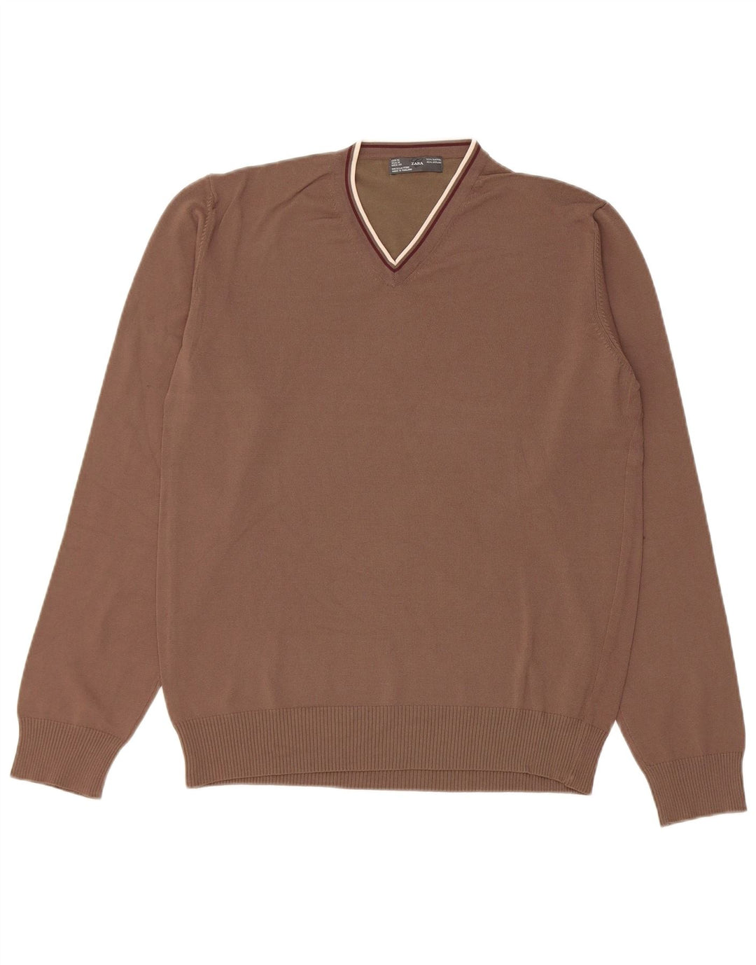 Zara Pull Col V Homme Rayonne Marron Moyen