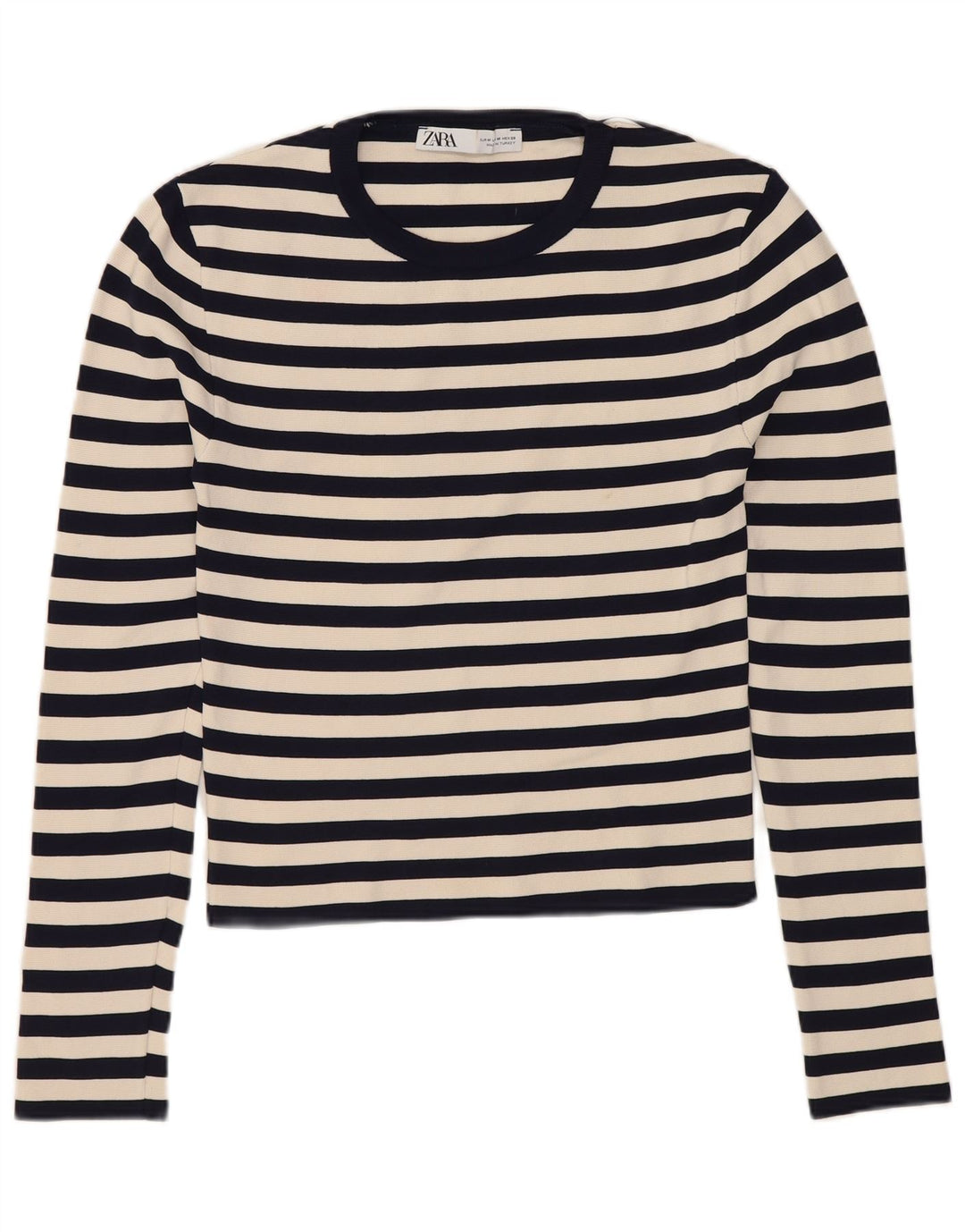 ZARA Femme Crop Top Manches Longues UK 12 Medium Bleu Marine Rayé Polyamide