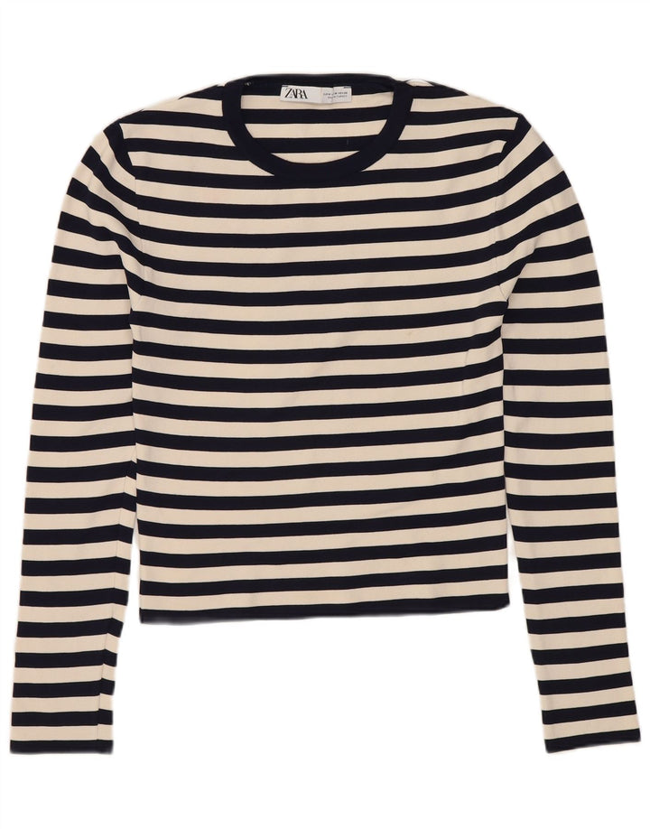 ZARA Femme Crop Top Manches Longues UK 12 Medium Bleu Marine Rayé Polyamide
