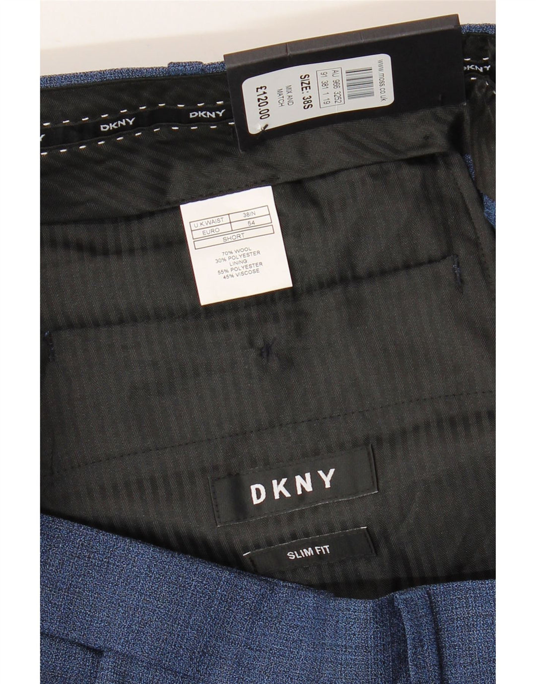 DKNY Pantalon de Costume Slim Fit Homme W38 L29 Laine Bleue