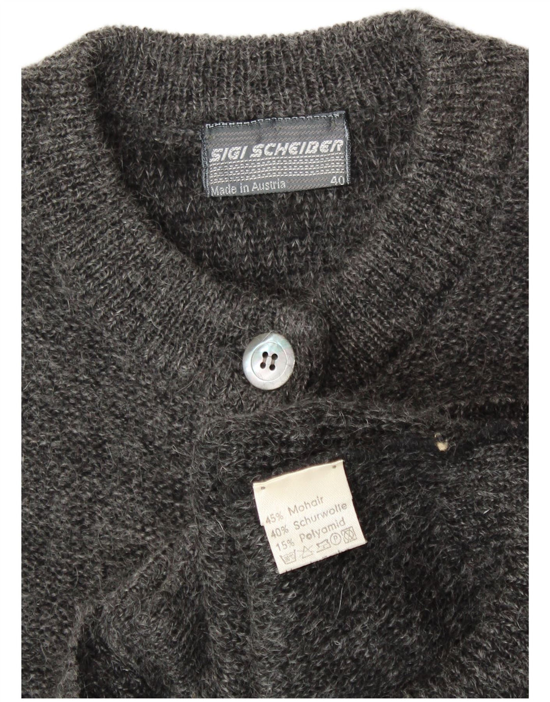 SIGI SCHEIBERG Pull Cardigan Graphique Femme EU 40 Gris Moyen Mohair