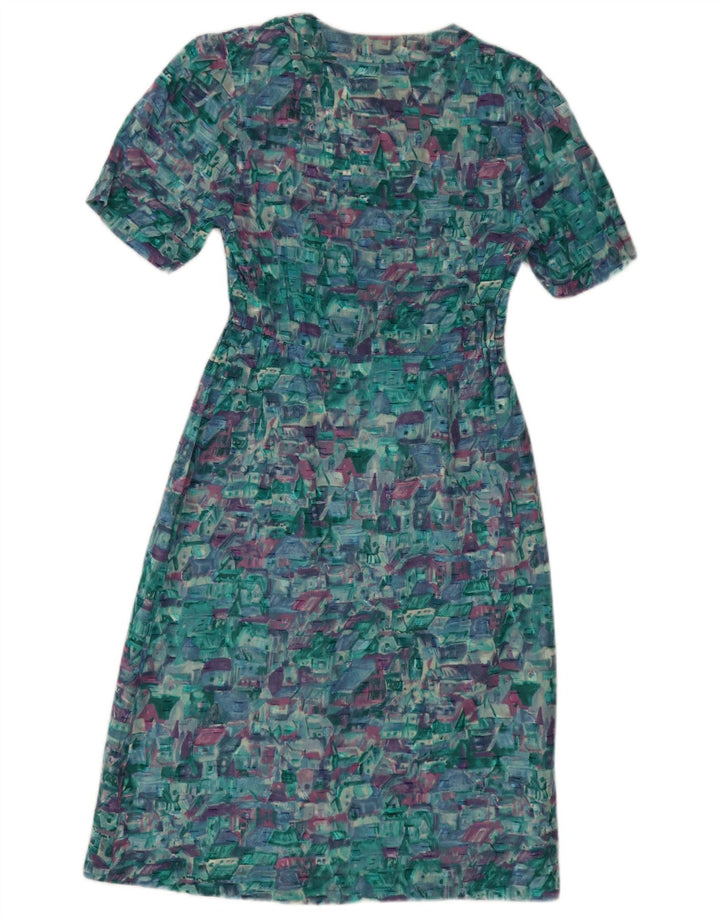 vintage Femmes Motif Abstrait Robe A-Line UK 12 Bleu Moyen