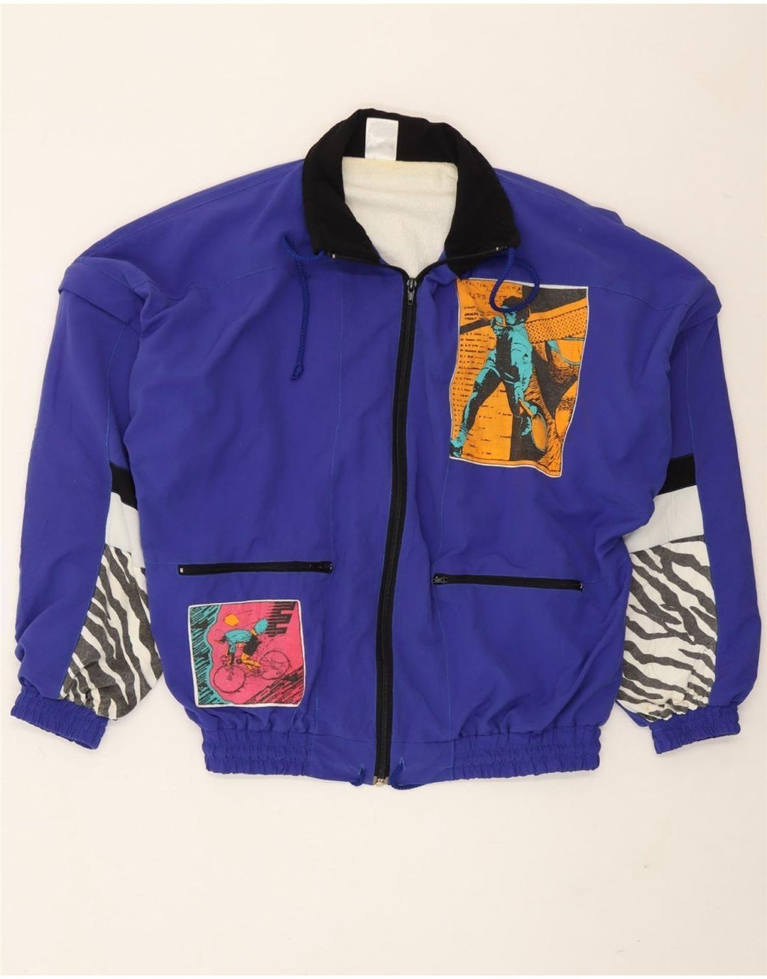 vintage Mens Graphic Survêtement Top Veste Bleu Moyen Patchwork Polyamide