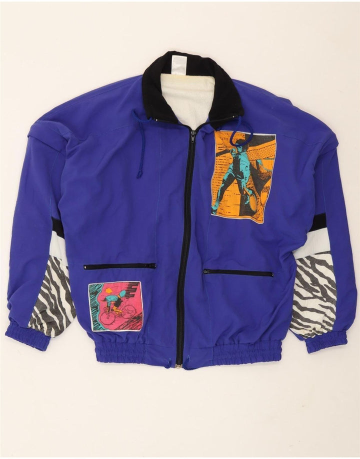 vintage Mens Graphic Survêtement Top Veste Bleu Moyen Patchwork Polyamide