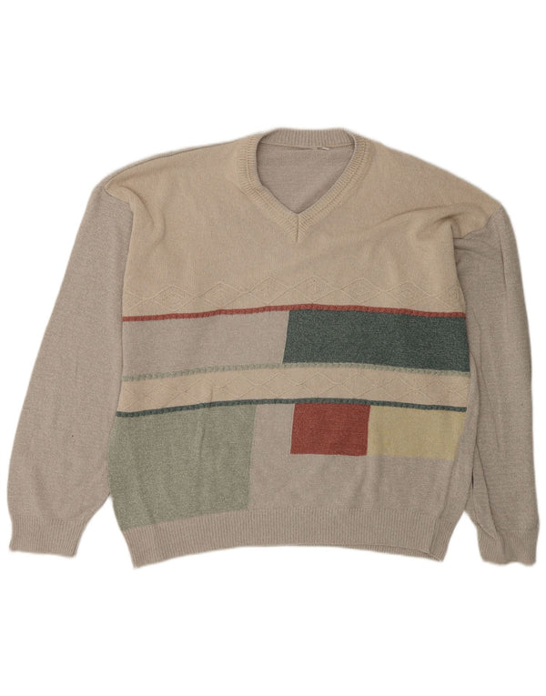 vintage Homme Col V Pull Pull IT 58 2XL Vert Géométrique