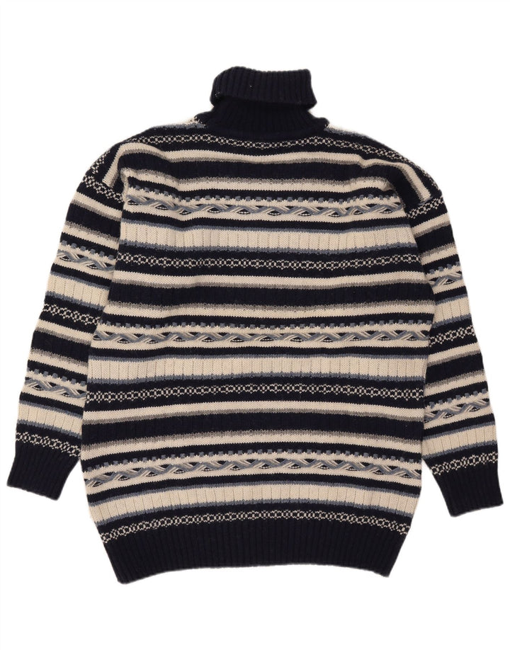 vintage Mens Roll Neck Jumper Pull Moyen Bleu Marine Rayé Laine