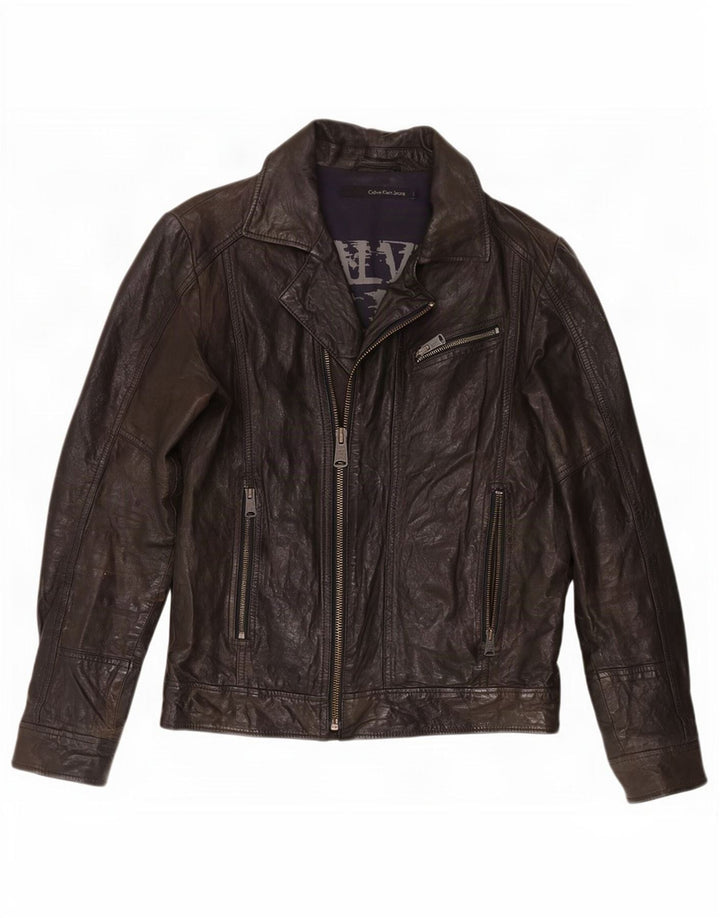 Calvin Klein Jeans Veste de motard en cuir pour homme UK 40 Large Noir
